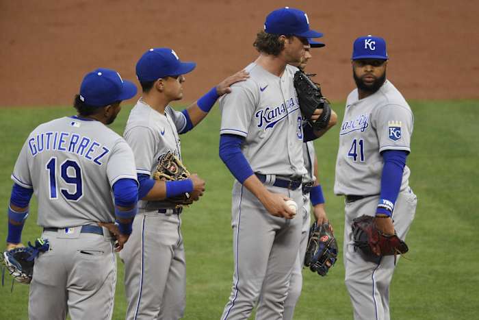 Jun 7, 2021; Anaheim, California, USA; Kansas City Royals starting pitcher Jackson Kowar (37) waits on the mound to be taken out of the game during the first inning against the Los Angeles Angels at Angel Stadium. Mandatory Credit: Kelvin Kuo-USA TODAY Sports